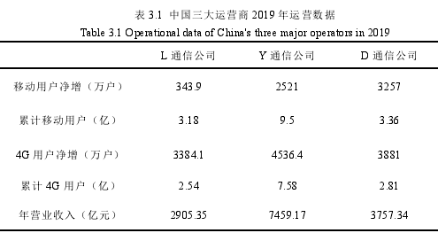 表 3.1 中國三大運營商 2019 年運營數據